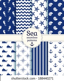 Set of sea and nautical seamless patterns in white and navy blue colors. Vector illustration. 