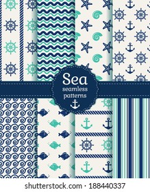 Set of sea and nautical seamless patterns in white, turquoise and dark blue colors. Vector illustration.