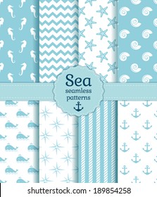 Set of sea and nautical seamless patterns in white and pale blue colors. Vector illustration.