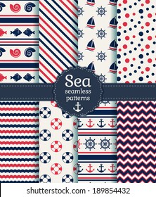 Set of sea and nautical seamless patterns in white, pink and dark blue colors. Vector illustration. 