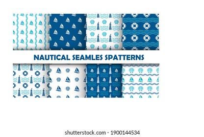 Set of sea and nautical seamless patterns. Vector illustration