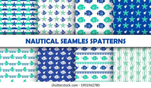 Set of sea and nautical seamless patterns. Vector illustration