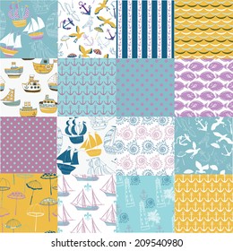 Set of sea and nautical seamless patterns