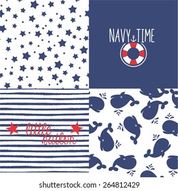 Set of sea and nautical seamless patterns in white and navy blue colors. Vector illustration.