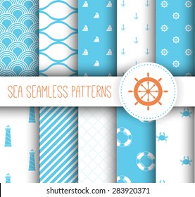 Set of sea and nautical seamless patterns. Vector illustration.