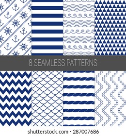 Set of sea and nautical seamless patterns in white and dark blue colors. Vector illustration.