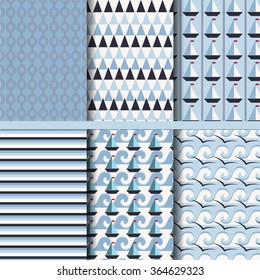 Set of sea and nautical seamless patterns in white, turquoise and dark blue colors. Vector illustration
