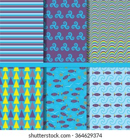 Set of sea and nautical seamless patterns in white, turquoise and dark blue colors. Vector illustration