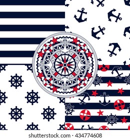 Set of sea and nautical seamless patterns. 