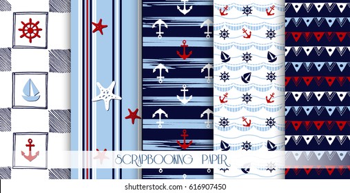 Set of sea and nautical seamless patterns in white, red and dark blue colors. Vector illustration.