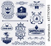Set of sea and nautical typography badges and design elements. Templates for company logo or web decoration. Marine cruise, beach resort, seafood bar, shipbuilding and other themes. Vector collection.
