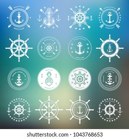 Set of sea and nautical typography badges and design elements. Templates for company icon or web decoration. Marine cruise, beach resort, shipbuilding. Vector collection. Logotype Logo