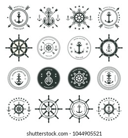 Set of sea and nautical typography badges and design elements. Templates for company icon or web decoration. Marine cruise, beach resort, shipbuilding. Vector collection. Logotype Logo