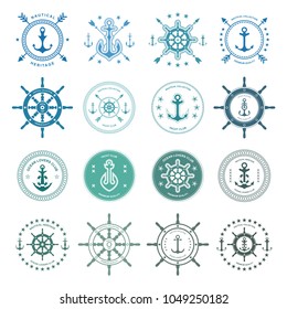 Set of sea and nautical typography badges and design elements. Templates for company icon or web decoration. Marine cruise, beach resort, shipbuilding. Vector collection. Logotype Logo