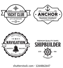 Set of sea and nautical typography badges and design elements. Templates for company logo. Marine cruise, yacht club, trading companym, shipbuilding and other themes. Vector collection.