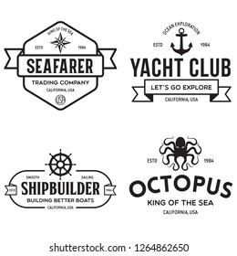 Set of sea and nautical typography badges and design elements. Templates for company logo. Marine cruise, yacht club, trading companym, shipbuilding and other themes. Vector collection.