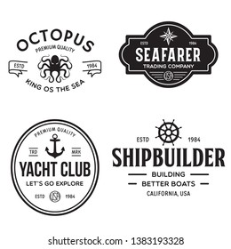 Set of sea and nautical typography badges and design elements. Templates for company logo. Marine cruise, yacht club, trading companym, shipbuilding and other themes. Vector collection.