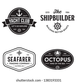 Set of sea and nautical typography badges and design elements. Templates for company logo. Marine cruise, yacht club, trading companym, shipbuilding and other themes. Vector collection.