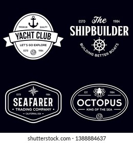 Set of sea and nautical typography badges and design elements. Templates for company logo. Marine cruise, yacht club, trading companym, shipbuilding and other themes. Vector collection.