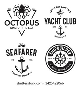 Set of sea and nautical typography badges and design elements. Templates for company logo. Marine cruise, yacht club, trading companym, shipbuilding and other themes. Vector collection.