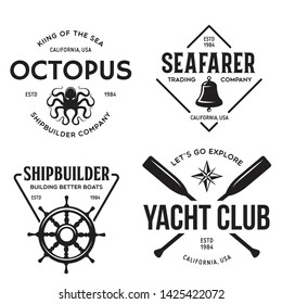 Set of sea and nautical typography badges and design elements. Templates for company logo. Marine cruise, yacht club, trading companym, shipbuilding and other themes. Vector collection.