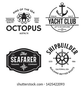 Set of sea and nautical typography badges and design elements. Templates for company logo. Marine cruise, yacht club, trading companym, shipbuilding and other themes. Vector collection.