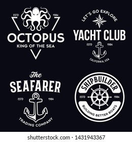 Set of sea and nautical typography badges and design elements. Templates for company logo. Marine cruise, yacht club, trading companym, shipbuilding and other themes. Vector collection.