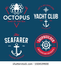 Set of sea and nautical typography badges and design elements. Templates for company logo. Marine cruise, yacht club, trading companym, shipbuilding and other themes. Vector collection.