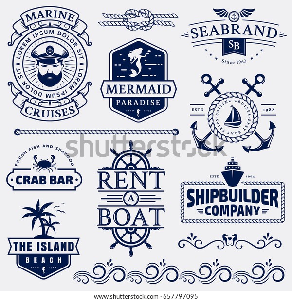 Set of sea and nautical typography badges and\
design elements. Templates for company logo or web decoration.\
Marine cruise, beach resort, seafood bar, shipbuilding and other\
themes. Vector collection.