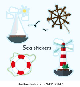 Set of sea object - lighthouse, sail boat, ship wheels  and lifebuoy. Stickers in flat style.