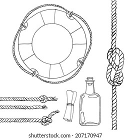Set of sea objects black outline, lifebuoy, ropes, cords, labels, bottle with a note