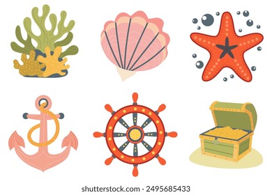 Set of sea objects. Coral reef, chest with gold, starfish, anchor, shell, ship's wheel