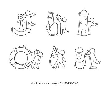 Set with sea objects and people. Anchor, bottle, lighthouse, shell, lifebuoy, pipe isolated on white background. Vector cartoon illustration.