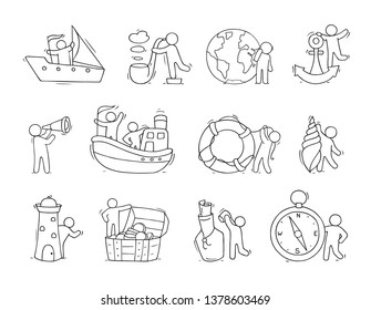 Set with sea objects and people. Anchor, bottle, lighthouse, shell, lifebuoy, pipe isolated on white background. Vector cartoon illustration.