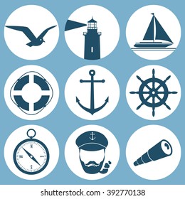 Set of sea objects silhouette in round icons on blue background. vintage flat design. vector illustration EPS8