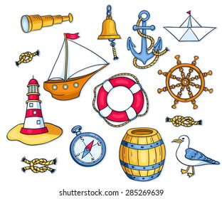 Set of sea objects. Vector cartoon illustration for children. Isolated on white.