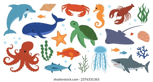 Conjunto de animales marinos y oceánicos. Delfín, ballena, cangrejo, caballito de mar, pez estrella, bogavante, tortuga, estingray, pulpo, tiburón, medusas y peces. Criaturas marinas salvajes. Vida submarina. Ilustración del vector