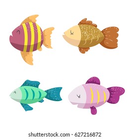 Set of sea, ocean animals. Different color tropic fishes. Wildlife vector illustration icons.