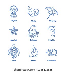 Set of sea or ocean animals icons.Vector illustration, doodle set of elements of marine life. Underwater ocean fauna. Aquatic creatures. Octopus, turtle, seahorse, dolphoin, whale. 