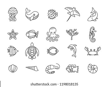 Set of sea or ocean animals icons.Vector illustration, doodle set of elements of marine life. Underwater fauna. Aquatic creatures. Octopus, turtle, seahorse, dolphoin, whale. 