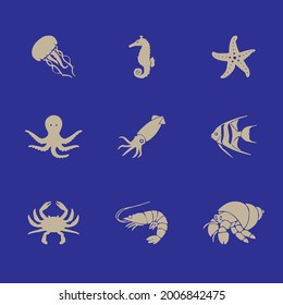 Set of sea or ocean animals icons.Vector illustration.