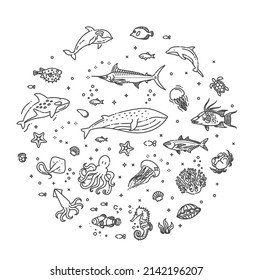 Set of sea or ocean animals icons.Vector illustration