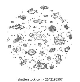 Set of sea or ocean animals icons.Vector illustration