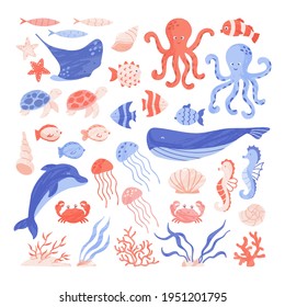 Set of sea and ocean animals, plants and seashells. Collection of illustrations with hand-drawn sea creatures. Vector cartoon drawing.