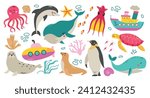 Set of sea and ocean animals turtle, squid, fishes, whale, octopus, submarine, ship, walrus, penguin, dolphin, plankton, clam, shell, sea lion,harp seal, corals, algae cartoon vector illustration