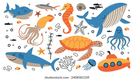 Set of sea and ocean animals turtle, squid, fishes, whale, octopus, submarine cartoon vector illustration