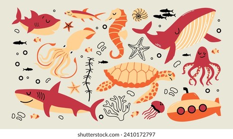 Juego de ilustraciones vectoriales de animales marinos y oceánicos, tortuga, calamar, peces, ballena, pulpo, dibujos submarinos