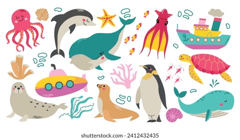 Conjunto de animales marinos y oceánicos: tortuga, calamar, peces, ballena, pulpo, submarino, buque, moras, pingüino, delfín, plancton, almeja, concha, león marino, foco de arpa, corales, dibujos animados de algas ilustrados en vectores