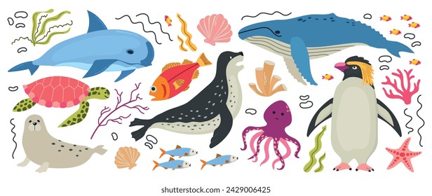 Set of sea and ocean animals turtle, fishes, whale, octopus, vaquita, walrus, penguin, shells, seals, star fish, corals, algae cartoon vector illustration