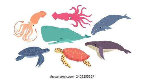 Conjunto de tortugas de animales marinos y oceánicos, calamares y ballenas dibujos animados de ilustraciones vectoriales, íconos,
cliparts aislados sobre fondo blanco